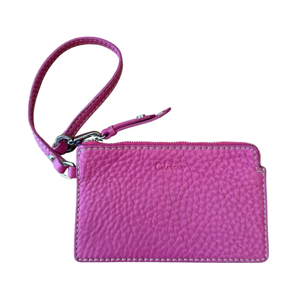 Cole Haan‎ Pink Pebbled Leather Wristlet Card Case Zip Pouch Small Wallet